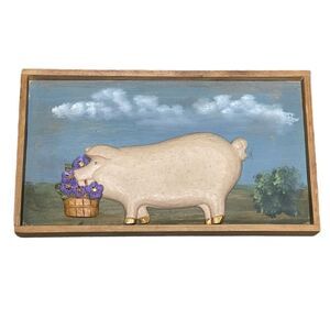 Wooden 3D Folk Art Wall Decor w/Pig & Flowers